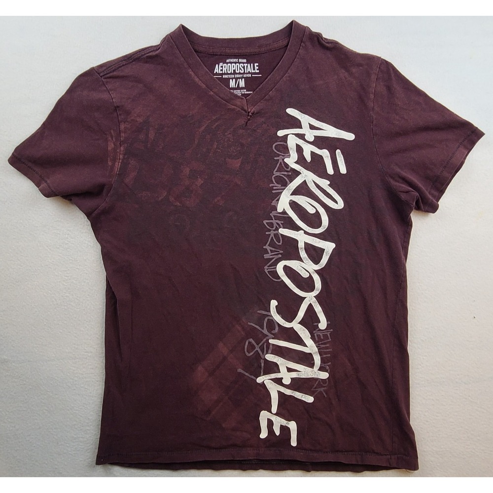 Aeropostale Mens Medium T Shirt Burgundy V Neck Distressed Logo Graphic Tee Y2K